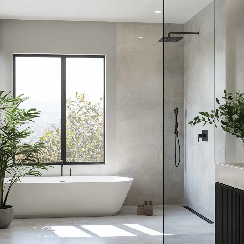 Modern bathroom with white tub and glass shower, ready for cleaning with proper products.