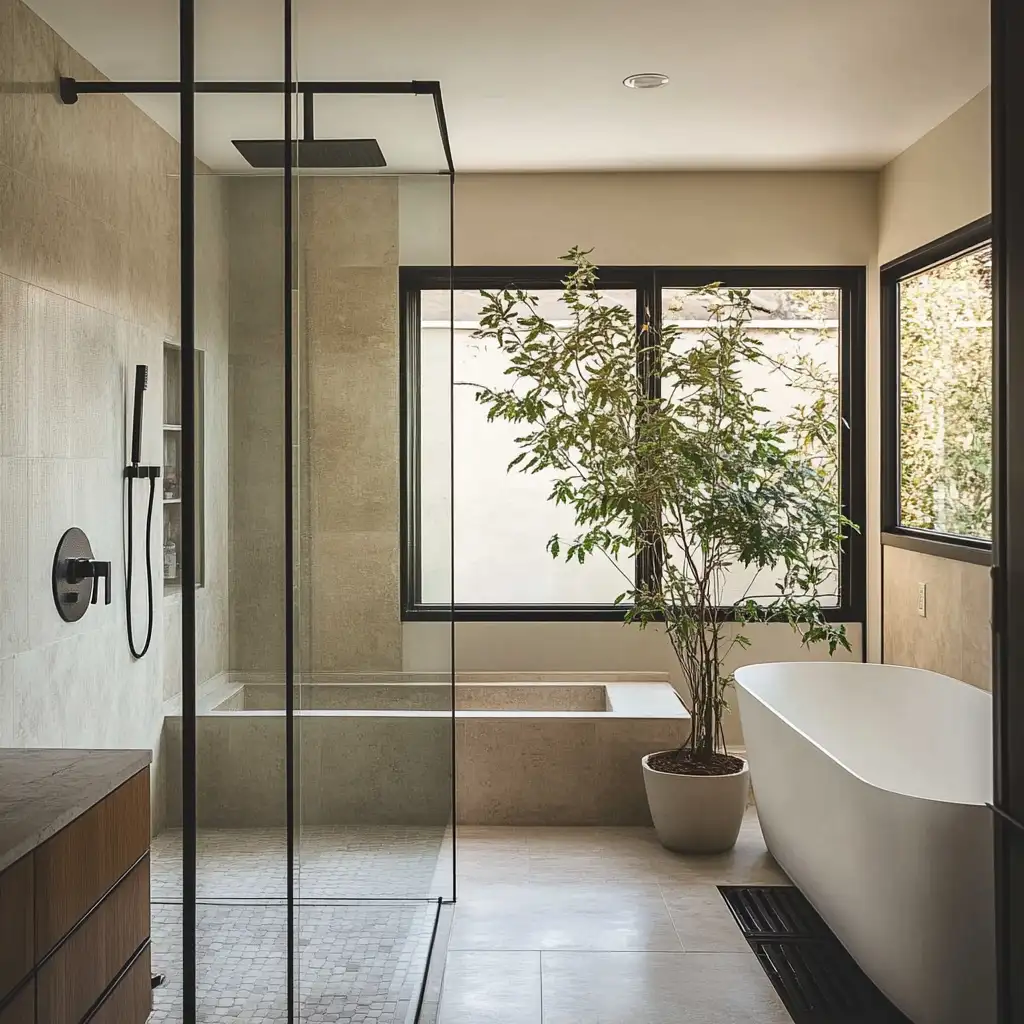A modern bathroom with glass shower doors, a white tub, and a house plant. 