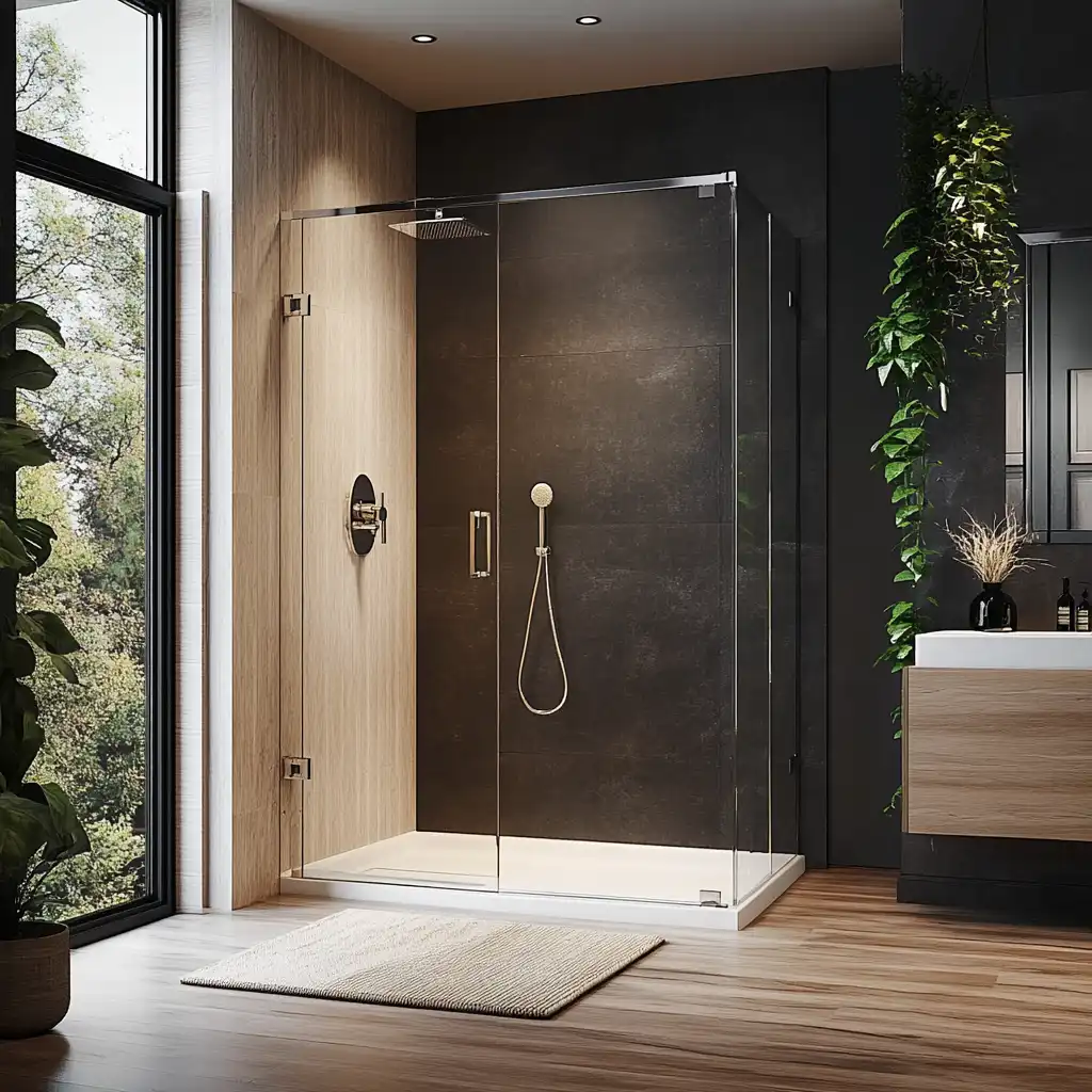 Modern glass shower in upscale bathroom with plants, showing clean shower door.