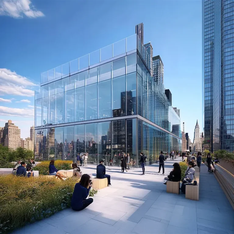 High-rise buildings featuring glass curtain walls surrounded by people and a green space.