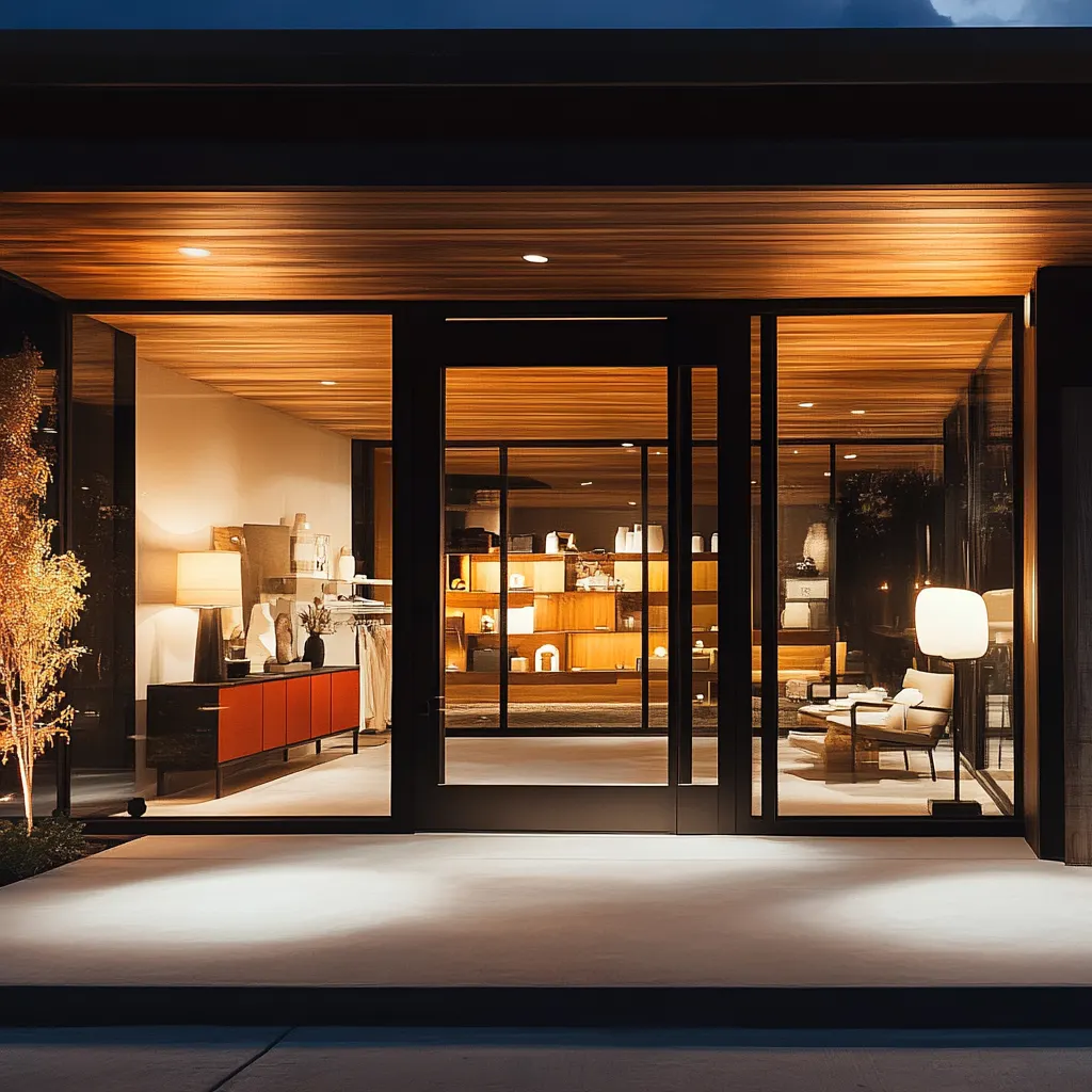 Storefront glass encapsulates a modern commercial home goods store. 