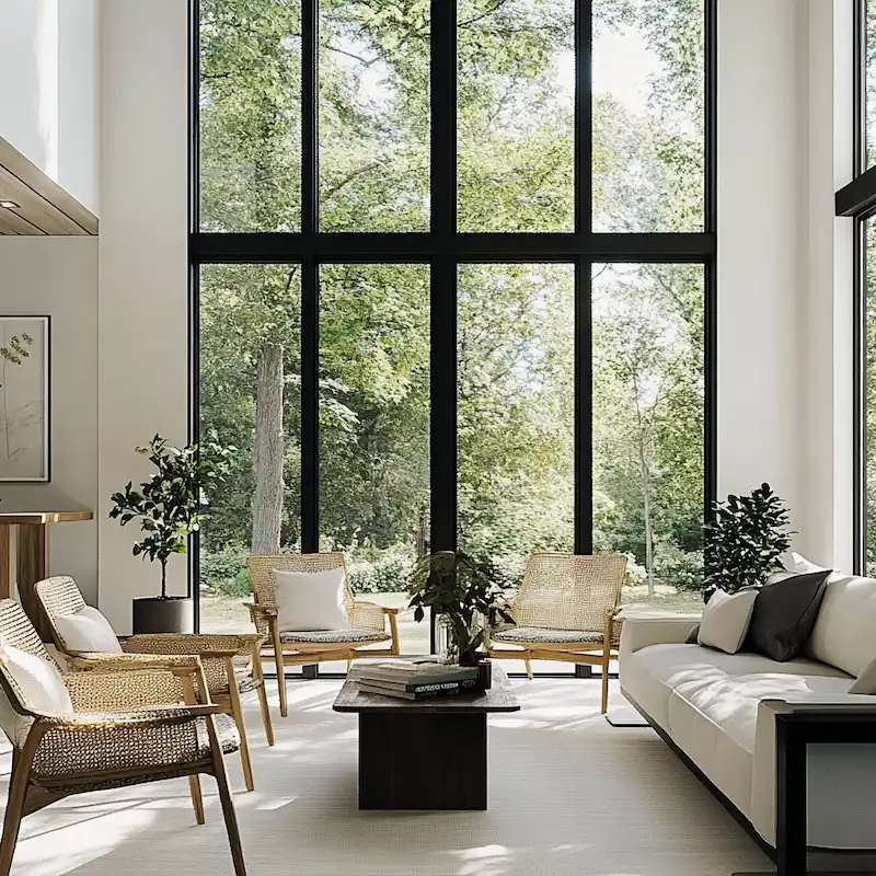 A modern home featuring a window wall that provides ample natural light and is surrounded by modern furniture. 