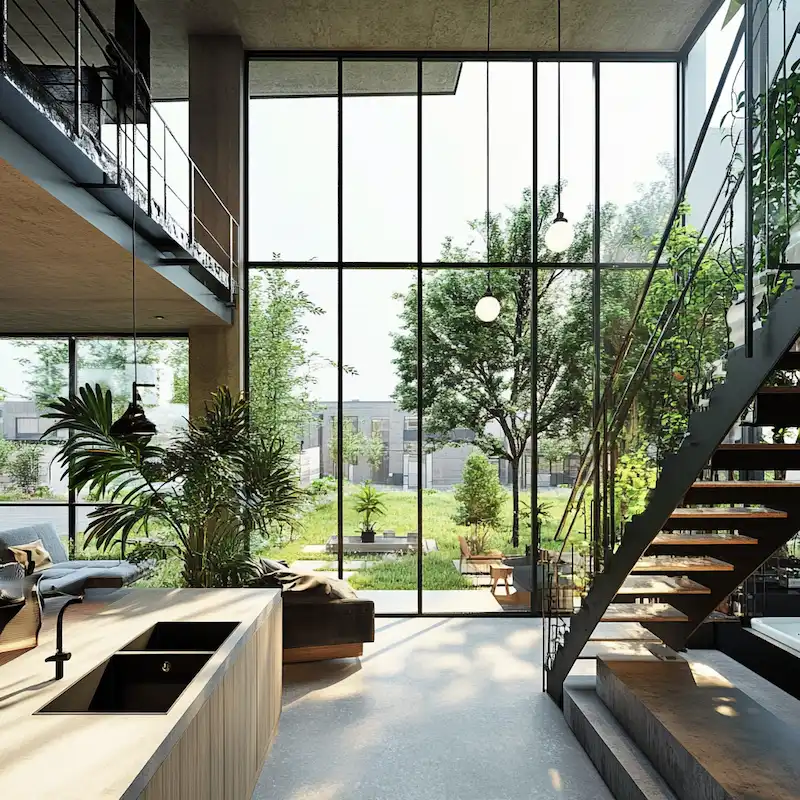 A glass curtain wall encloses a modern space with stairs, plants, and furniture. 