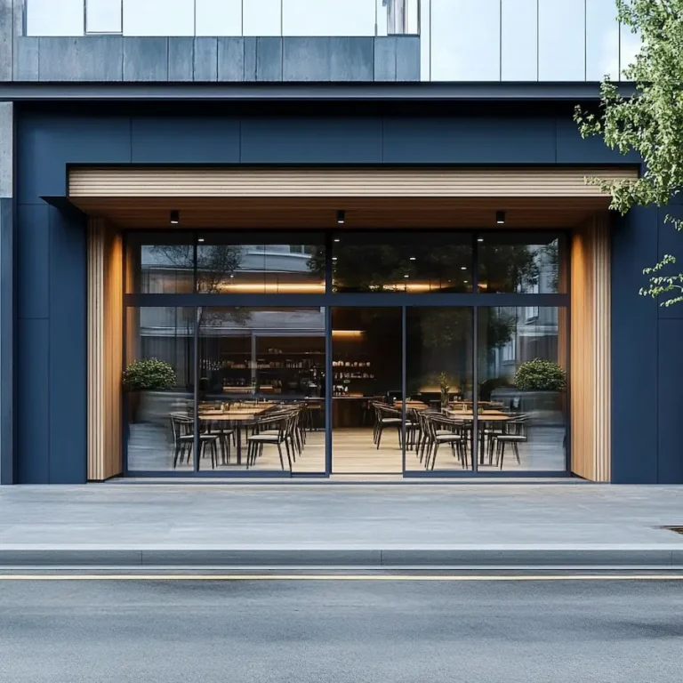 An image of a modern cafe featuring dark blue paint, wood accents, and storefront glass.