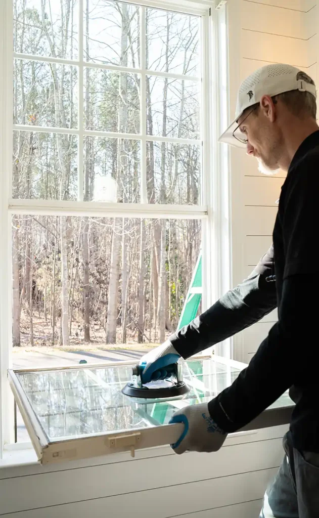 A man installs brand new glass for a home window