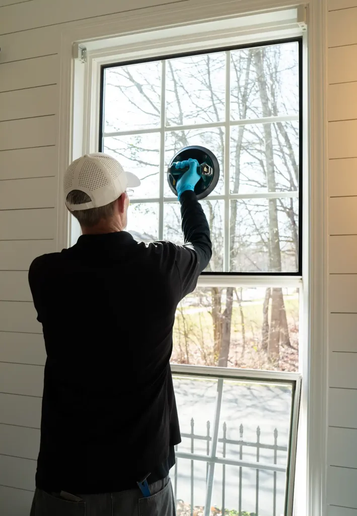 A man smooths out the glass he just installed for a home owner's house.