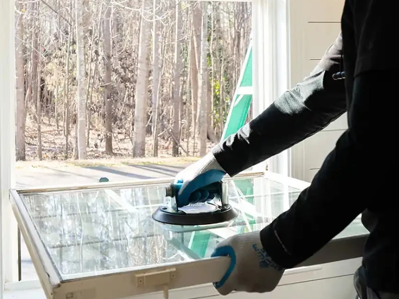 A technician provides window repair services to a home in Raleigh.