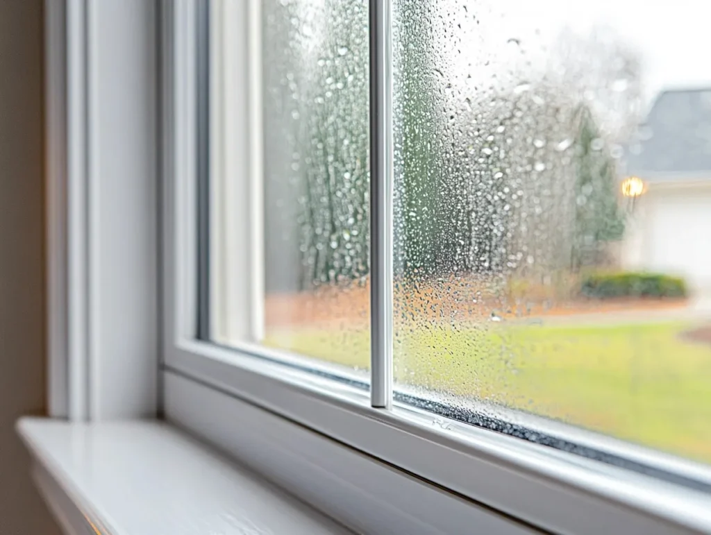 Close-up of a broken window seal causing moisture buildup