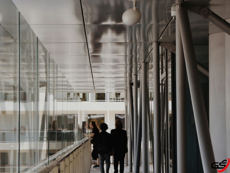 glass railings in an office setting. 