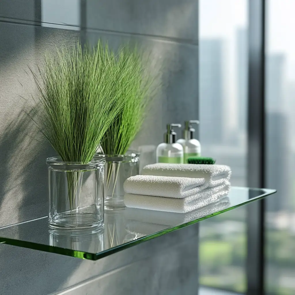 custom glass shelf with towels and faux grass in a bathroom