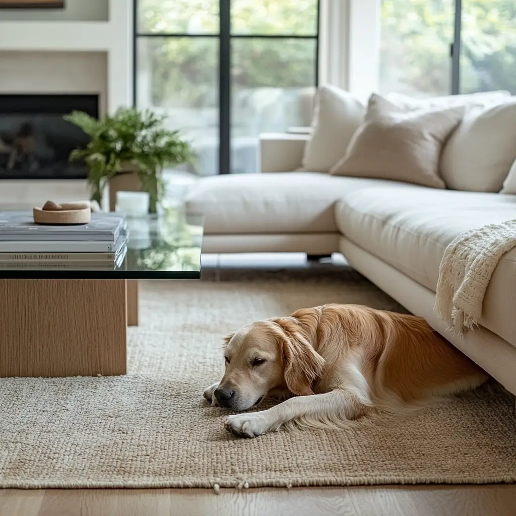 A custom glass table top in a modern living room with a golden retriever dog lying on a rug under the table.