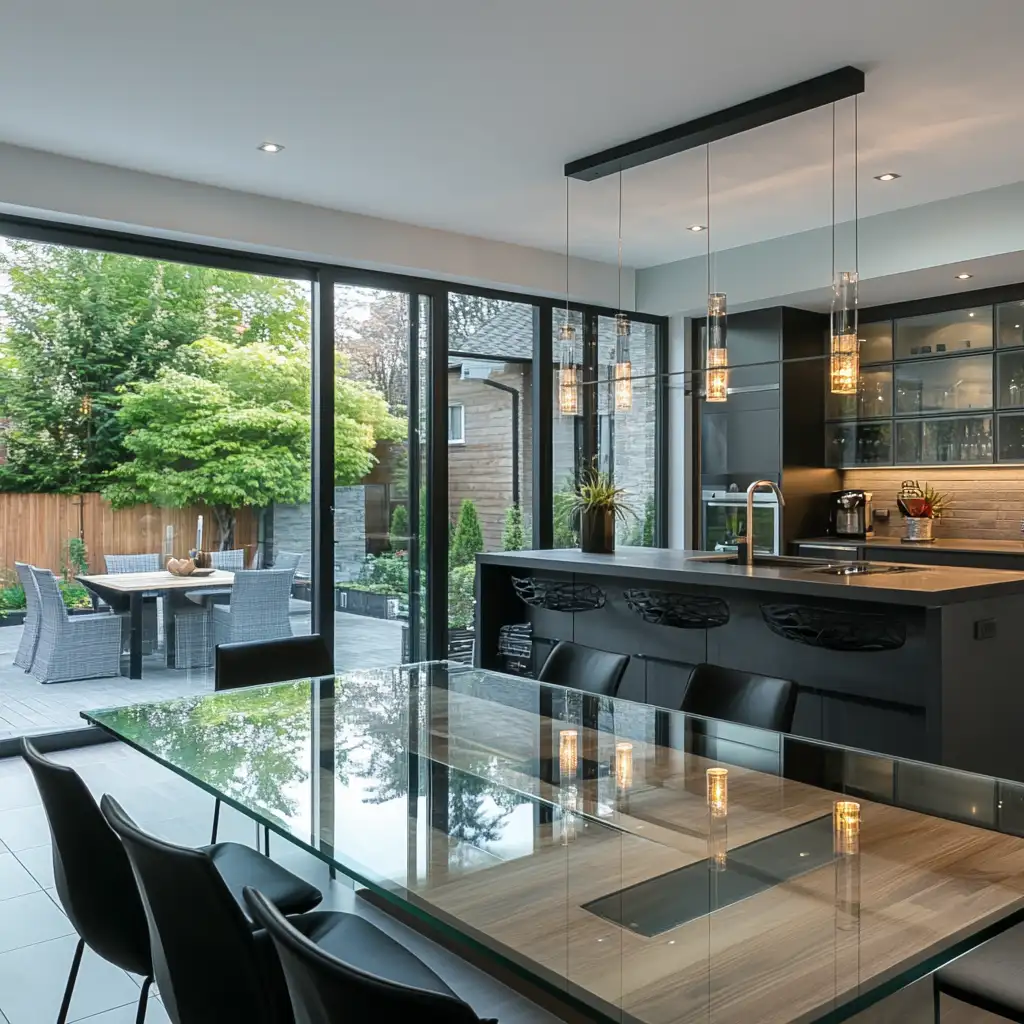 A glass table top in a modern kitchen

