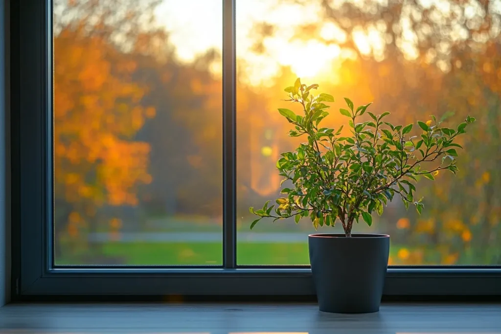Newly installed long-lasting energy-efficient window with clean vinyl frame and tight window seals