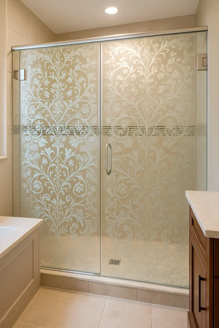 patterned shower glass with privacy design in Cary custom bathroom