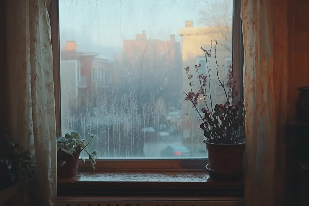 Foggy double-pane window showing moisture buildup between the glass panes from a failed window seal