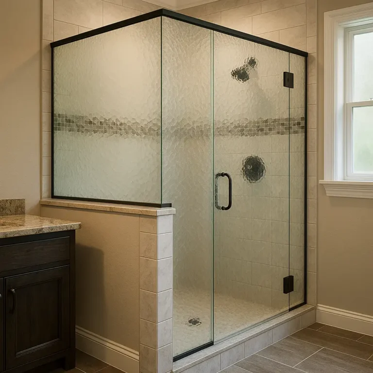 hammered shower doors with textured design in shower enclosure