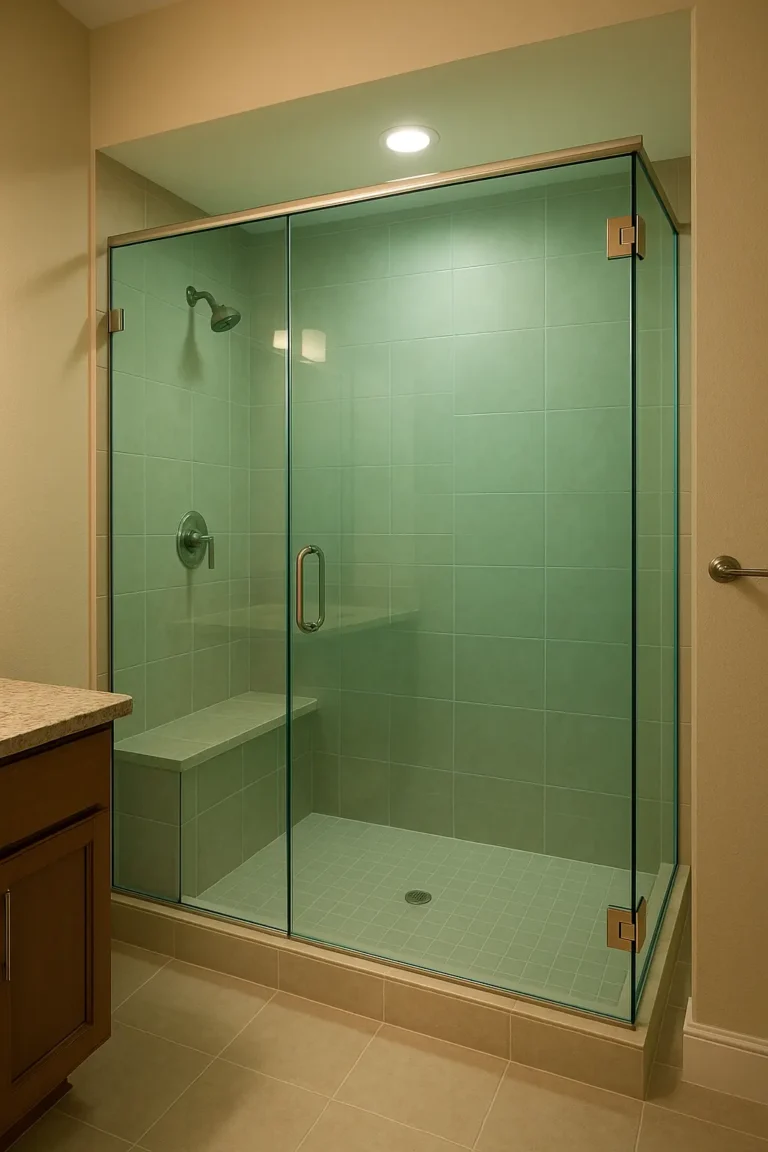 tinted shower glass doors with subtle color in modern Cary shower enclosure