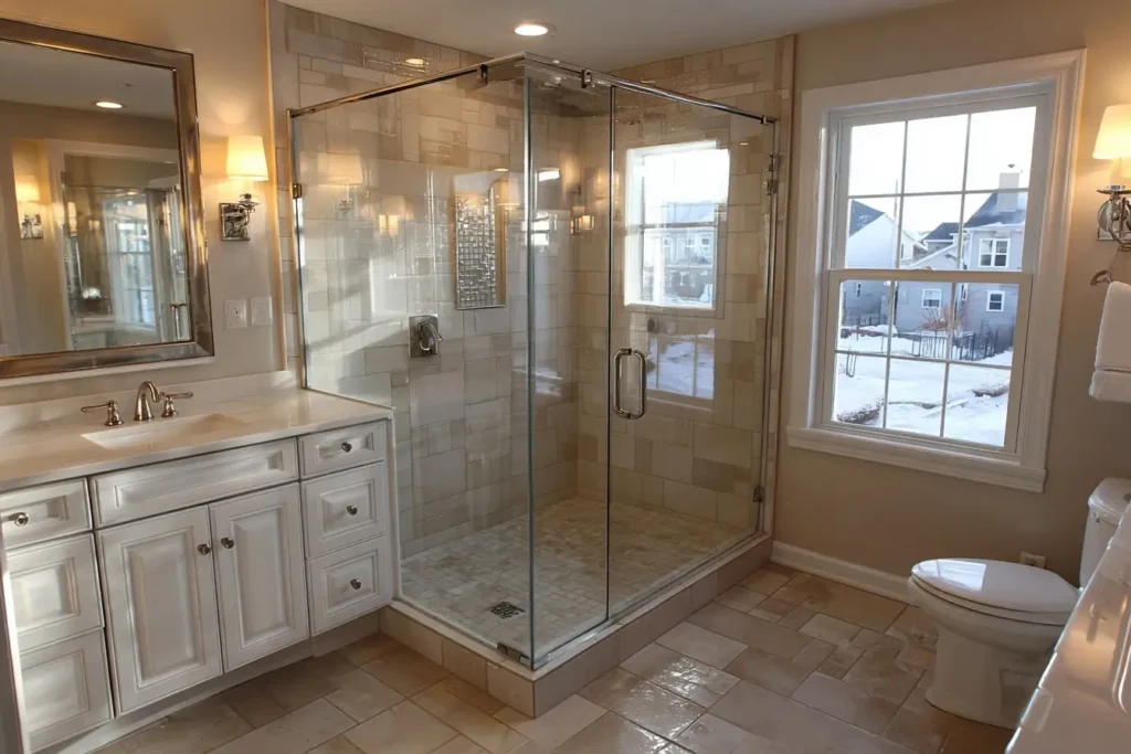 A semi-frameless glass enclosure with metal framing around the edges, installed in a traditional Wake Forest bathroom with warm tile and natural light