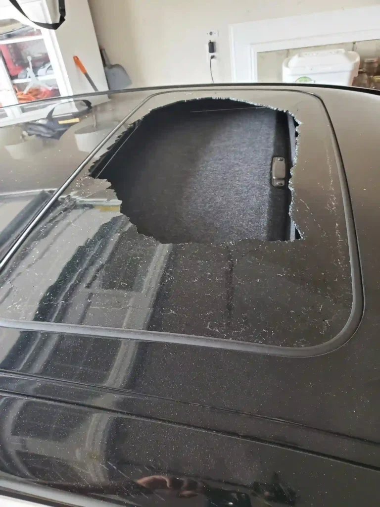 broken sunroof glass on vehicle before auto glass replacement in Raleigh NC