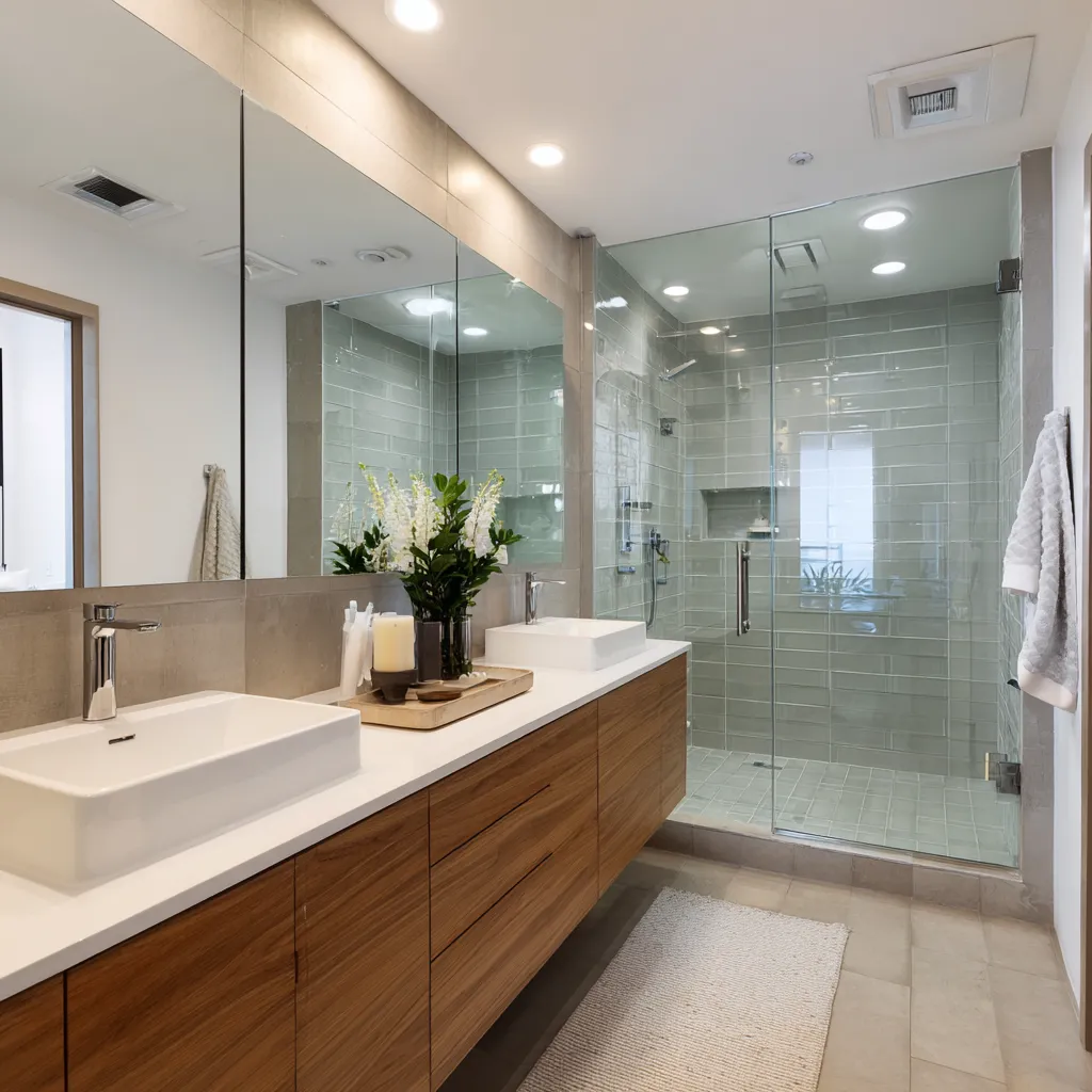 Modern bathroom with double vanity. glass shower enclosures, glass shower enclosure installation service in Fuquay Varina. frameless glass shower enclosure installation.