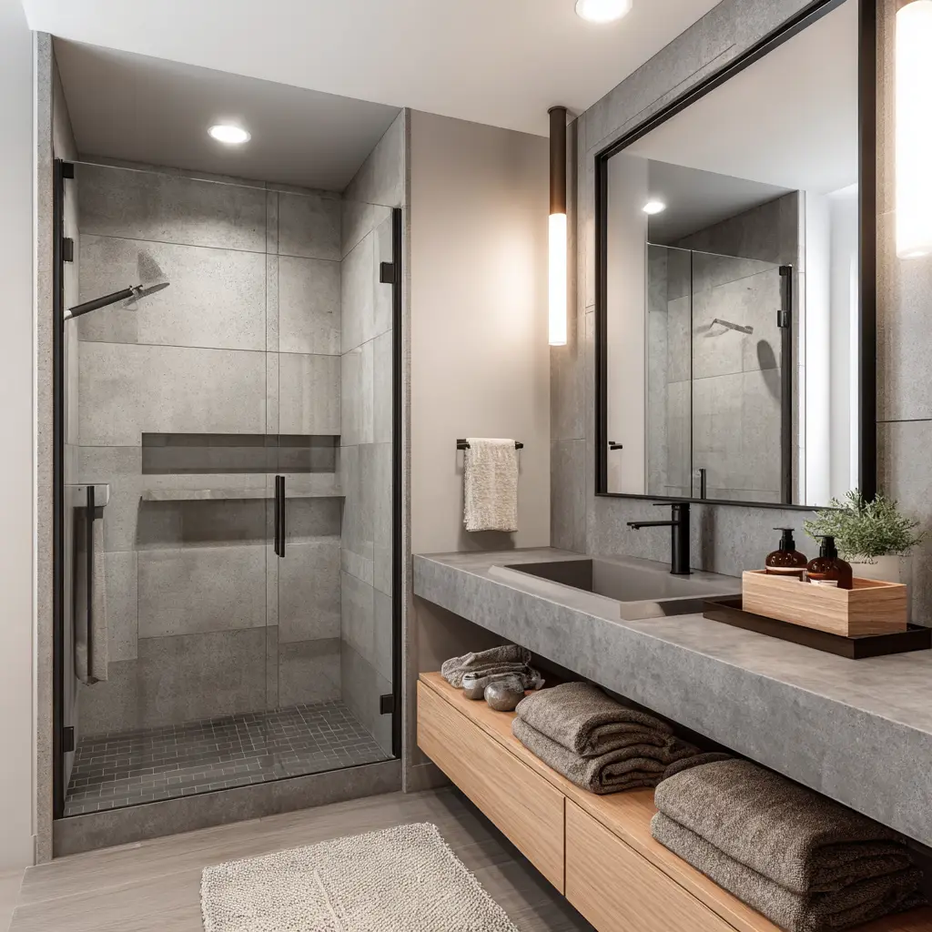 Modern bathroom with large mirror. frameless shower enclosure installation, frameless shower door installation Fuquay Varina, glass shower door installation service in Fuquay Varina.