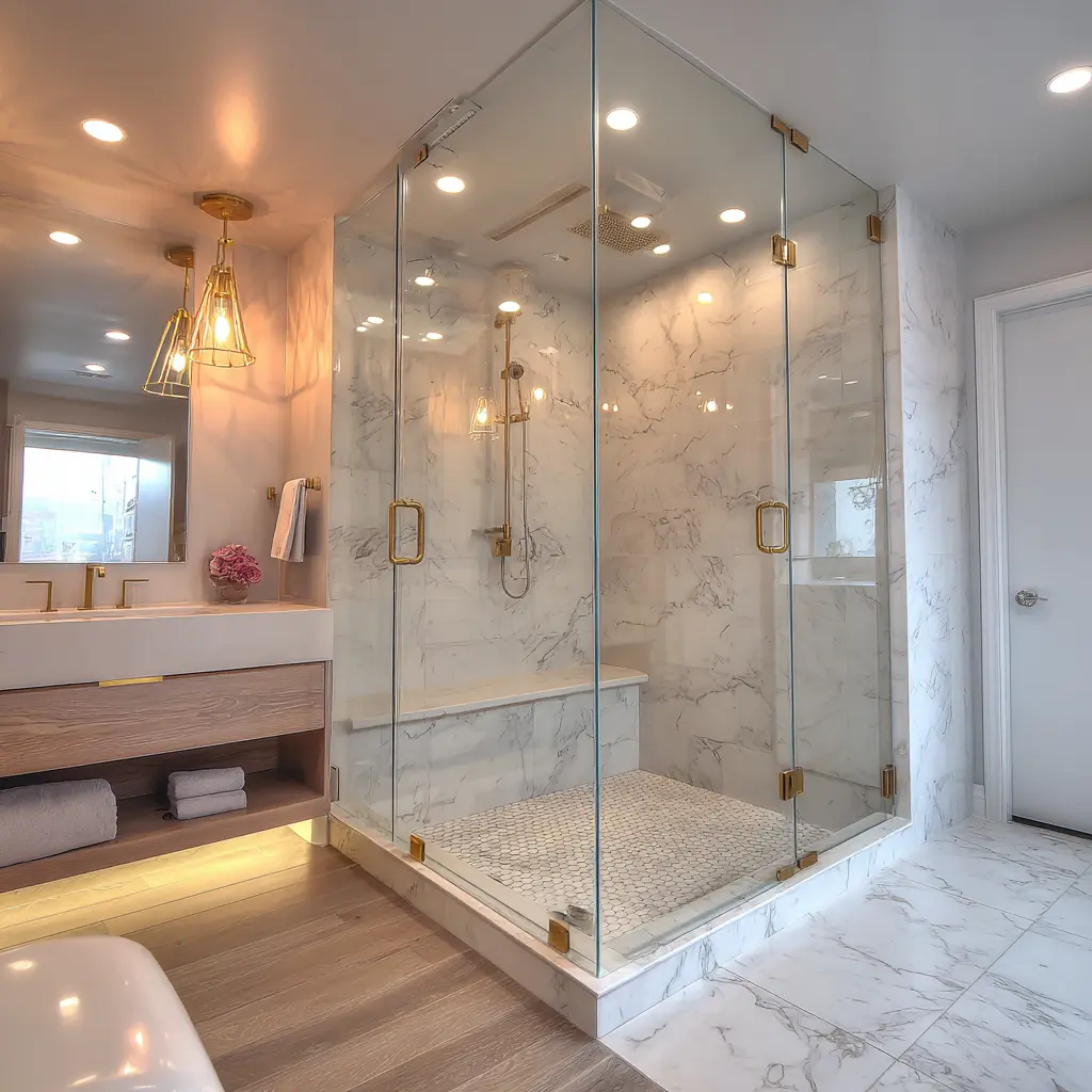 Modern bathroom with recessed lighting. glass shower enclosures, glass shower enclosure installation service in Fuquay Varina. frameless glass shower enclosure installation.
