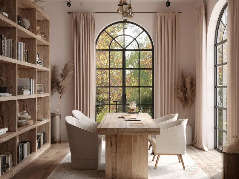 Home office nook with table, chairs, and book shelf. Image complements the blog addressing replacing historic windows. 