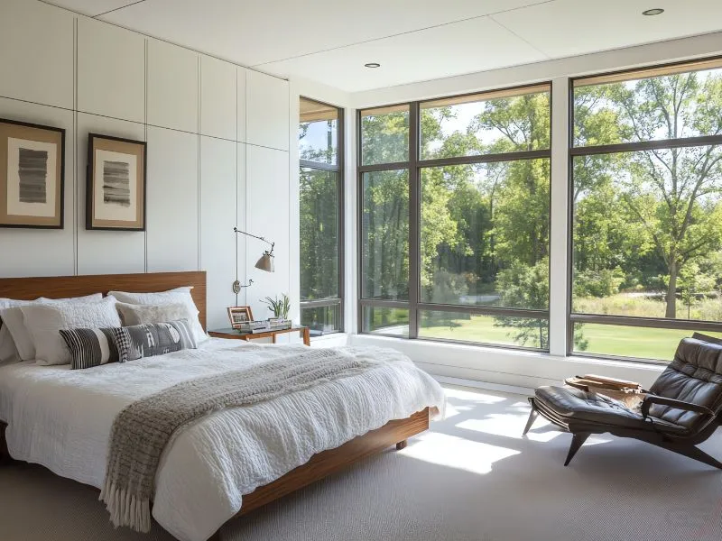Spacious, modern bedroom with large windows. Image complements the page "window seal repair in Clayton"