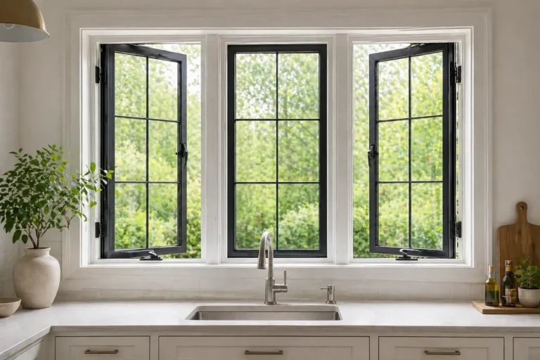 Casement window replacement in Fuquay-Varina NC kitchen with black frame windows open outward over sink