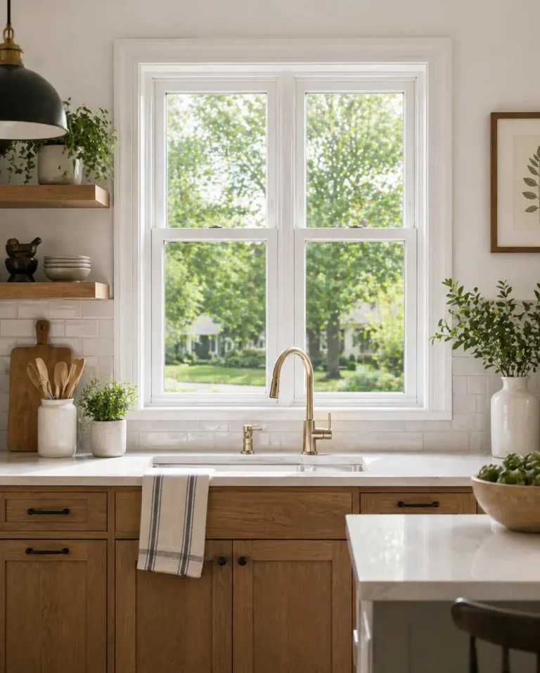 Double hung window replacement in Clayton NC kitchen with white frame and backyard view