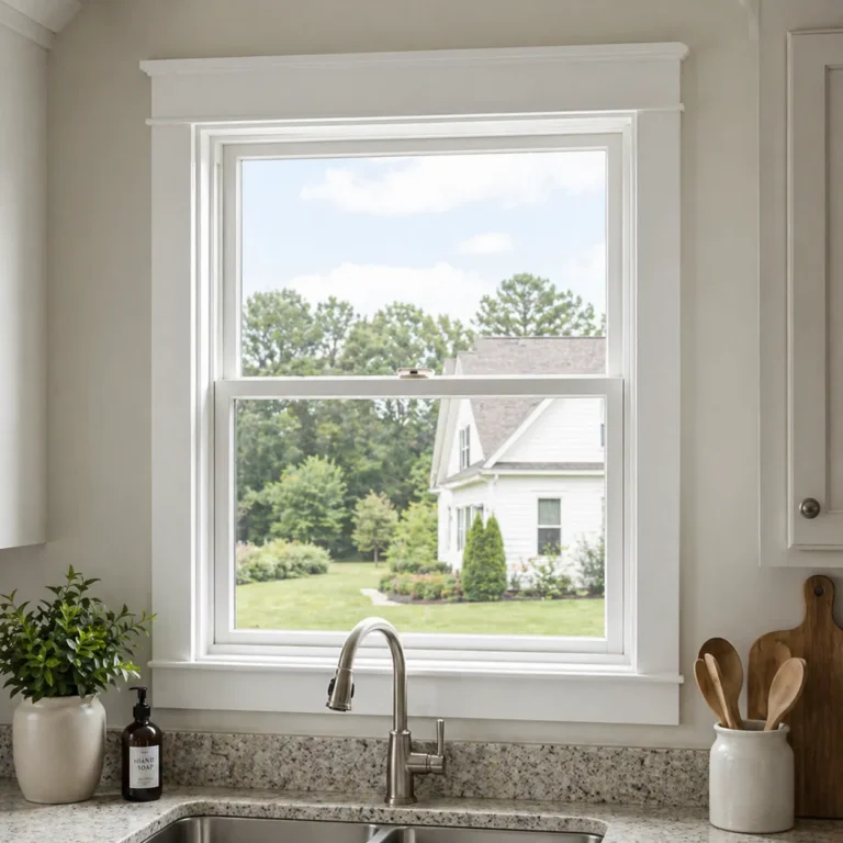 Single hung window replacement in Clayton NC above kitchen sink with exterior home view
