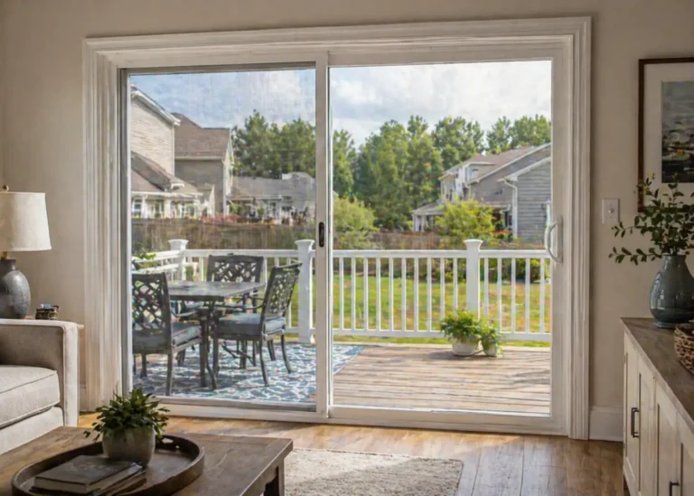 Sliding glass door replacement in Clayton NC leading to backyard deck and patio