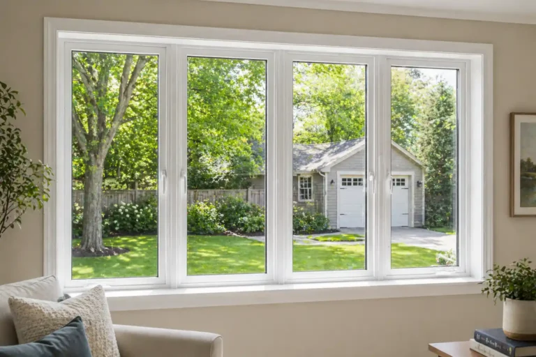 Fiberglass double hung window in Fuquay-Varina NC home kitchen with modern white frame and backyard view