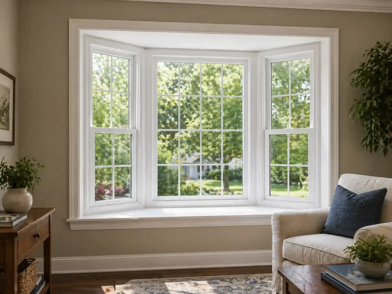 Bay window replacement in Fuquay-Varina NC living room with white trim overlooking yard