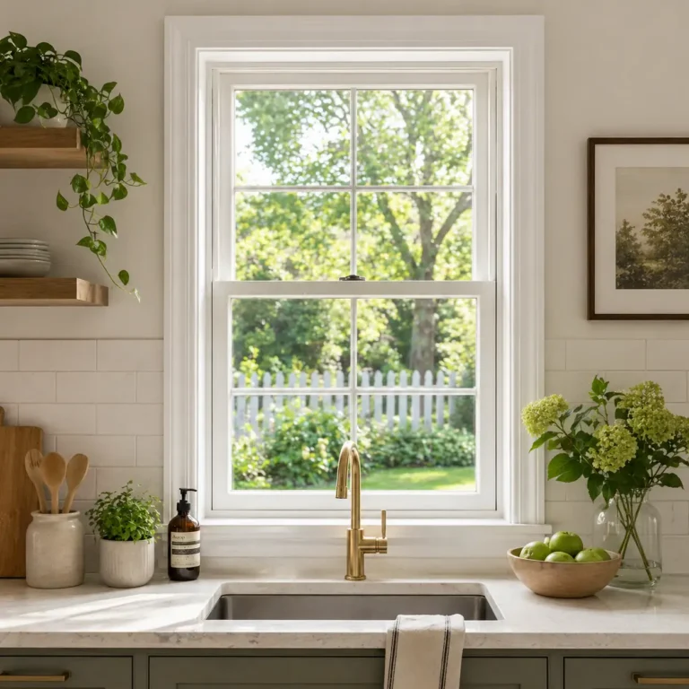 Double hung window replacement in Fuquay-Varina NC kitchen with white frame and garden view
