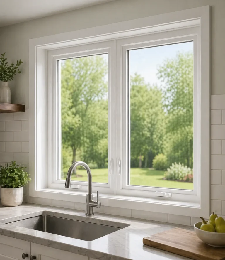 Vinyl window replacement in Fuquay-Varina NC kitchen with white frame and energy efficient design