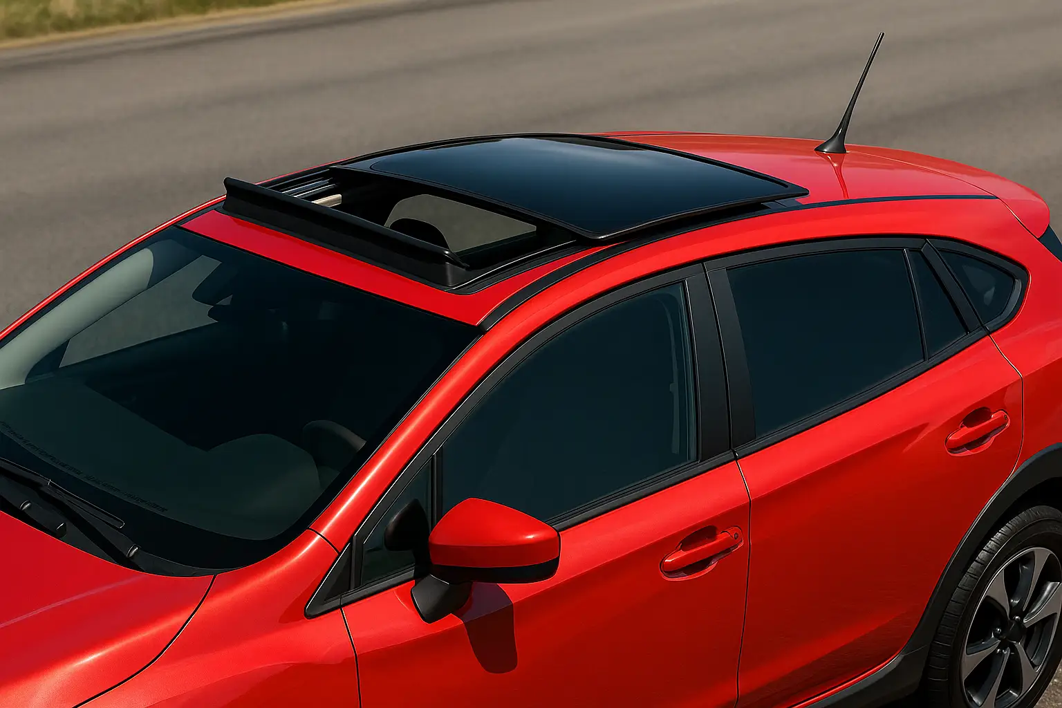 A red car with a sunroof has just undergone windshield repair in Durham, NC. windshield repair, auto glass repair, auto glass services, windshield replacement.
