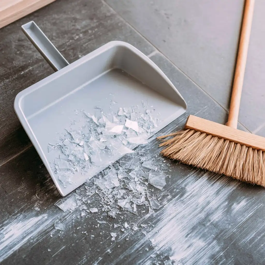 dust pan containing shattered glass. Image accompanies the blog: What to do when a window breaks.