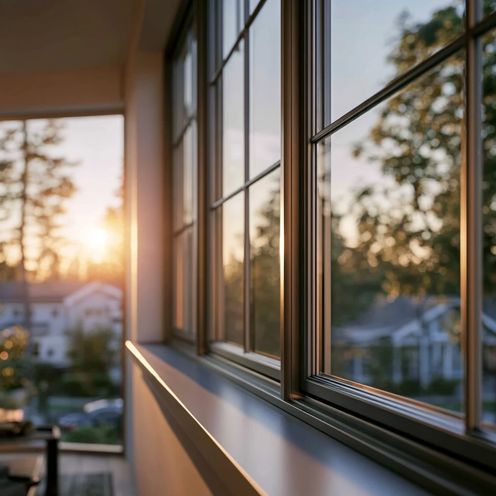 double pane windows at sunset. Image accompanies the blog: What to do when a window breaks.