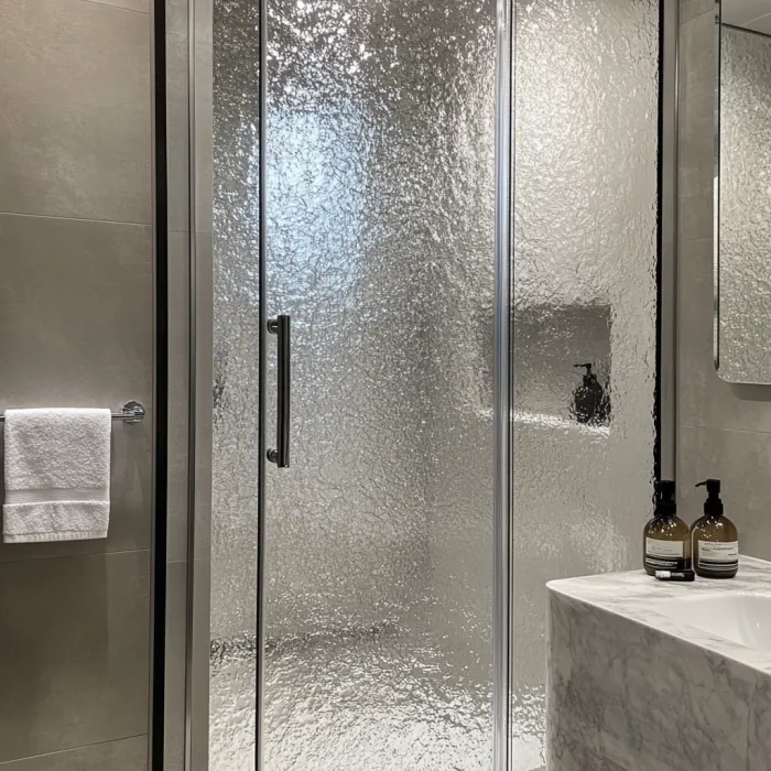 hammered glass shower doors | textured glass shower enclosure | hammered glass shower Raleigh NC