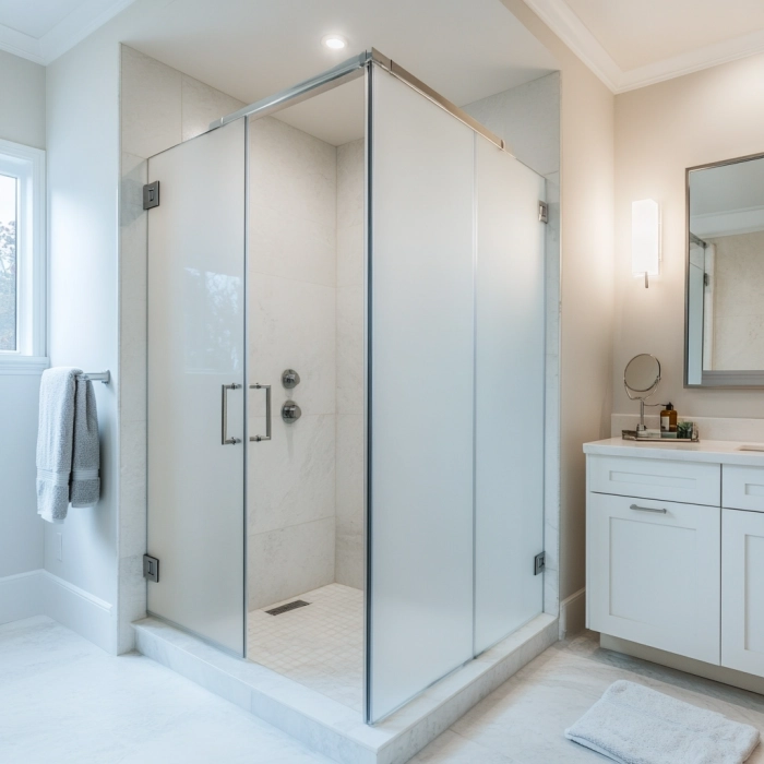 frosted glass shower doors | frosted frameless shower enclosure | privacy glass shower Raleigh NC